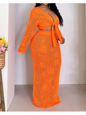 Set de fuste și top din tricot cu goluri 