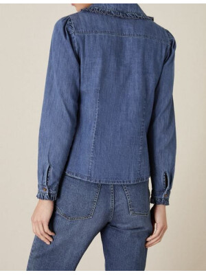 Cămașă din denim albastru cu guler cu volănașe
