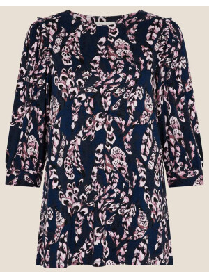 Bluză albastră cu mâneci lungi și imprimeu cu pene