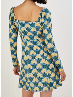 Rochie din jerseu cu imprimeu floral vintage și decolteu pătrat