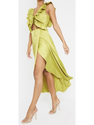 ROCHIE MIDI CU DETALII DE VOLANTE DE SATIN OLIVE