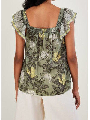 Top fără mâneci verde, cu imprimeu vintage, decolteu pătrat și broderie