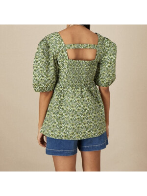 Top cu imprimeu floral,cu decolteu in forma de inima,verde