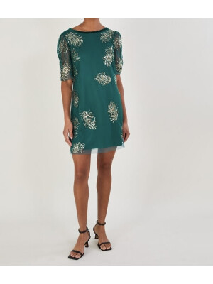 Rochie Alyson cu pene și detalii strălucitoare, verde.