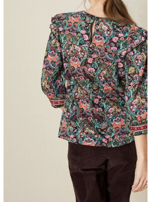 Bluză neagră cu imprimeu patchwork și broderie