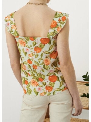 Top verde mint, fără mâneci cu imprimeu fructe, realizat din LENZING™ ECOVERO™