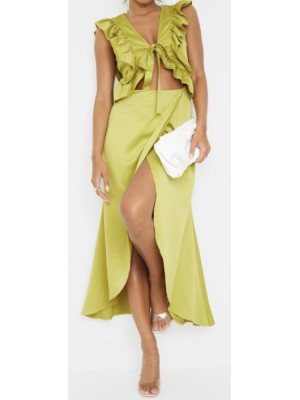 ROCHIE MIDI CU DETALII DE VOLANTE DE SATIN OLIVE