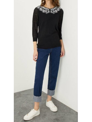 Pulover cu guler contrastant din tricot și cusături, din poliester reciclat