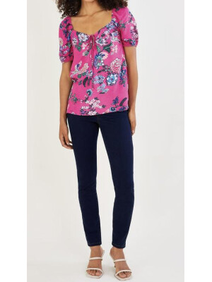 Top mov Olana cu imprimeu floral și margini decorative