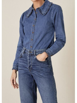 Cămașă din denim albastru cu guler cu volănașe