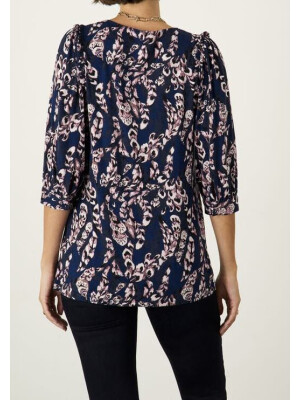 Bluză albastră cu mâneci lungi și imprimeu cu pene