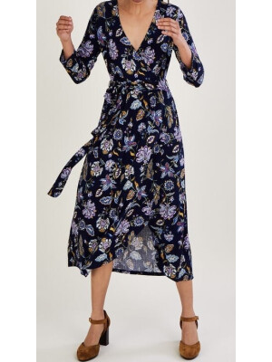 Rochie petrecută albastră din jerseu cu nervuri și imprimeu floral