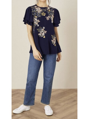 Top albastru cu broderie florală