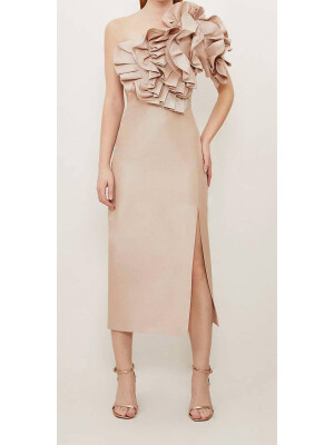 Rochie maxi Bardot lungă, din tafta metalică, decorată cu rozetă