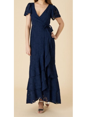 Rochie maxi Naomi albastră, petrecută, cu volănașe