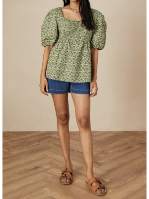 Top cu imprimeu floral,cu decolteu in forma de inima,verde