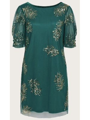 Rochie Alyson cu pene și detalii strălucitoare, verde.