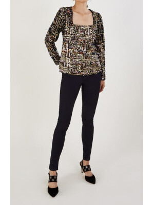 Top Fiona cu paiete, decolteu pătrat, negru.