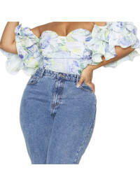 PLUS CROP TOP BARDOT ALB CU MANECĂ BUFANTA, FLORALĂ