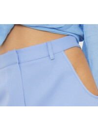 PANTALONI DREPT ȚESUȚI ALBASTRU PRĂFIT CU DETALIU IN TALIE