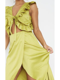 ROCHIE MIDI CU DETALII DE VOLANTE DE SATIN OLIVE