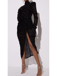 ROCHIE MIDI DRAPATĂ BLACK ZEBRA DEVORE CU GÂT ÎNALT