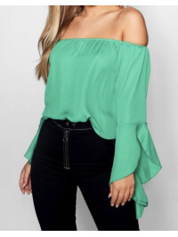 Top de damă, verde, cu mâneci cu volan