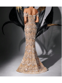 Rochie elegantă de petrecere cu paiete și mărgele, cu umeri goi