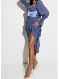 ROCHIE MIDI DRAPATĂ DE SATIN ALBASTRU MINERAL 