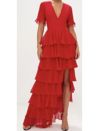 ROCHIE MAXI ȘIFON ROSĂ, STRAT CU VOLANE