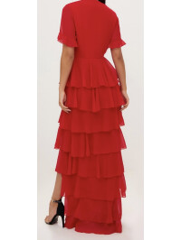 ROCHIE MAXI ȘIFON ROSĂ, STRAT CU VOLANE