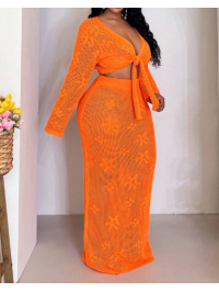 Set de fuste și top din tricot cu goluri 