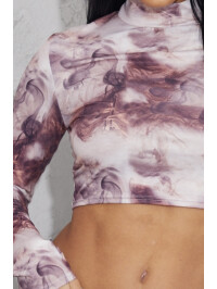 TOP CROP CU MÂNECĂ LUNGĂ, BEJ, CU IMPRIMARE FUME