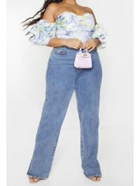 PLUS CROP TOP BARDOT ALB CU MANECĂ BUFANTA, FLORALĂ