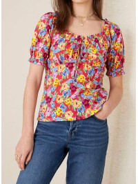 Top roșu din jerseu cu imprimeu floral și decolteu in formă de inimă-Rosu-L