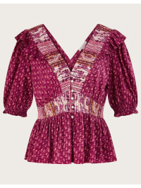 Top roz cu decolteu adânc în V și mâneci cu volane-Roz-38