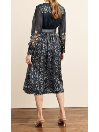 Rochie midi înflorată bleu marin cu detalii la gât și curea sclipitoare -Bleumarin-44