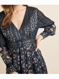 Rochie midi înflorată bleu marin cu detalii la gât și curea sclipitoare -Bleumarin-44