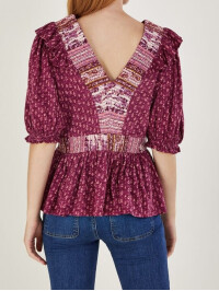 Top roz cu decolteu adânc în V și mâneci cu volane-Roz-36