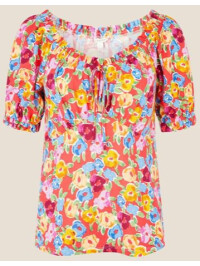 Top roșu din jerseu cu imprimeu floral și decolteu in formă de inimă-Rosu-L