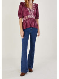 Top roz cu decolteu adânc în V și mâneci cu volane-Roz-36