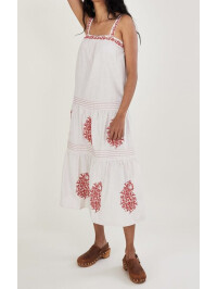 Rochie cu bretele late, broderie paisley, culoare ivory-Crem-L