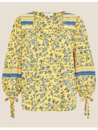 Bluză galbenă lejeră, cu detalii la guler și șnururi la mâneci -Galben-XL