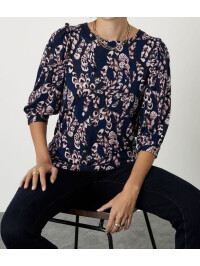 Bluză albastră cu mâneci lungi și imprimeu cu pene