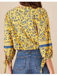 Bluză galbenă lejeră, cu detalii la guler și șnururi la mâneci -Galben-XL