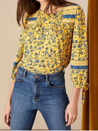 Bluză galbenă lejeră, cu detalii la guler și șnururi la mâneci -Galben-XL