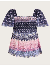 Bluză din jerseu cu imprimeu floral și fronseuri-Multicolor-S