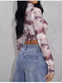 TOP CROP CU MÂNECĂ LUNGĂ, BEJ, CU IMPRIMARE FUME