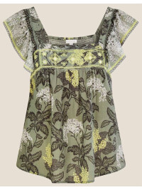 Top fără mâneci verde, cu imprimeu vintage, decolteu pătrat și broderie-Verde-L