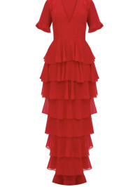 ROCHIE MAXI ȘIFON ROSĂ, STRAT CU VOLANE